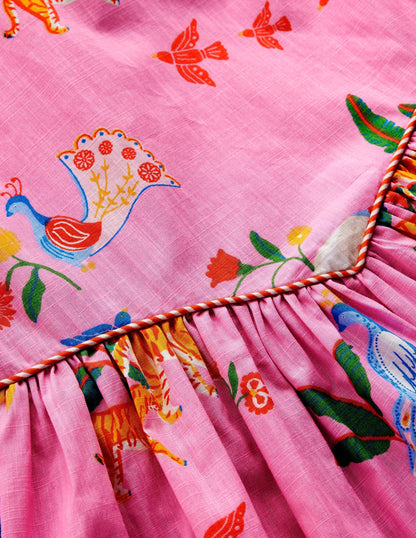 V-waist Woven Dress-Formica Pink Tropical Animals
