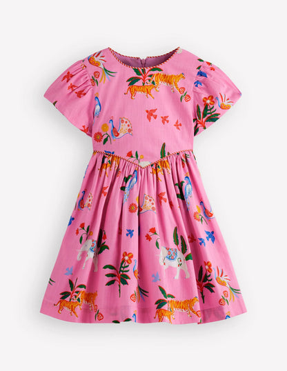 V-waist Woven Dress-Formica Pink Tropical Animals