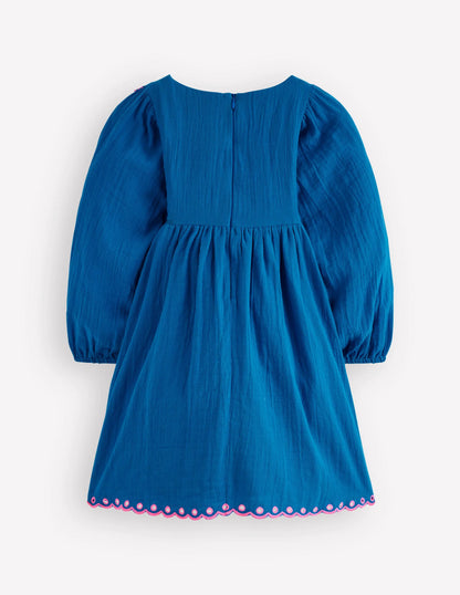 Embroidered Woven Dress-Kingfisher Blue