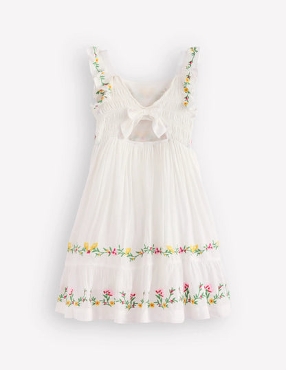 Shirred Bow Back Detail Dress-Soft Ivory