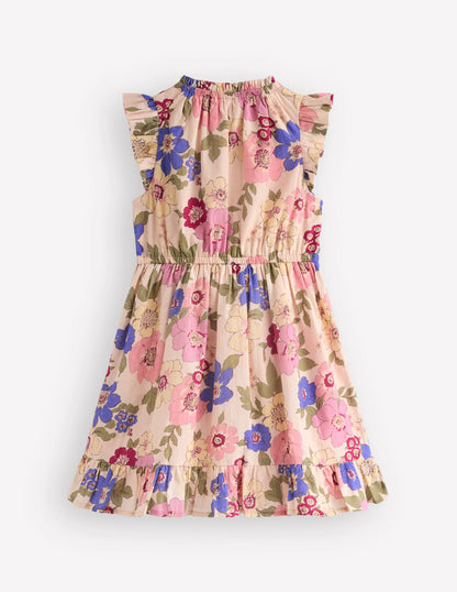 Gathered Woven Dress-Blooming Pink Floral Bloom