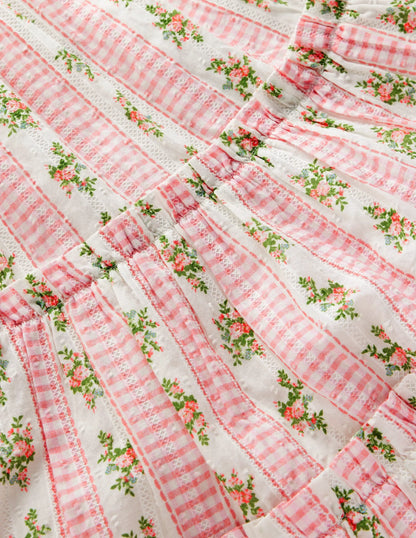 Tiered Midi Sundress-Soft Ivory Gingham Floral