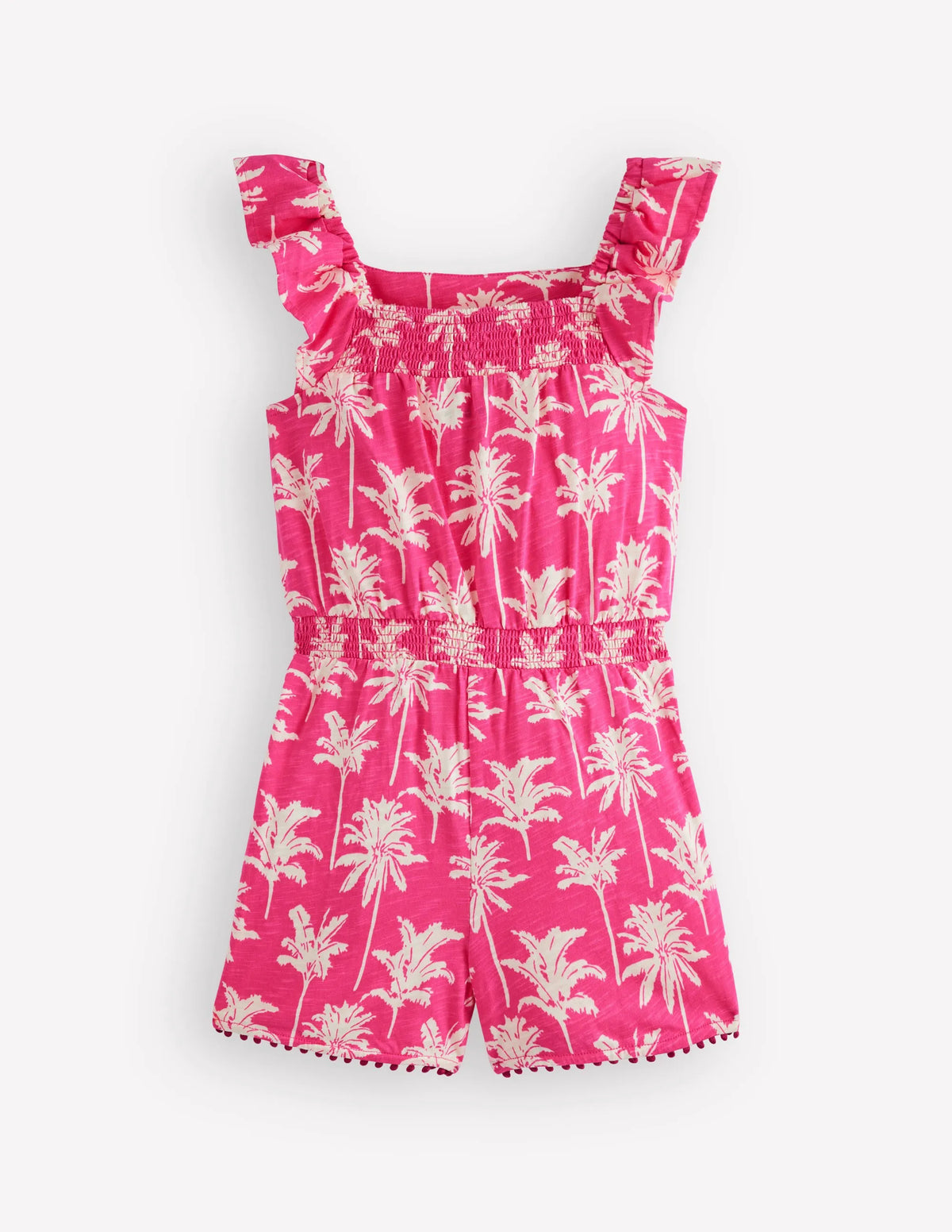 Ciara Pom Trim Jersey Romper-Pink Palm Trees