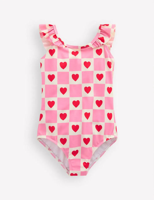 Hallie Frill Strap Swimsuit-Bubblegum Pink Heart Stamp