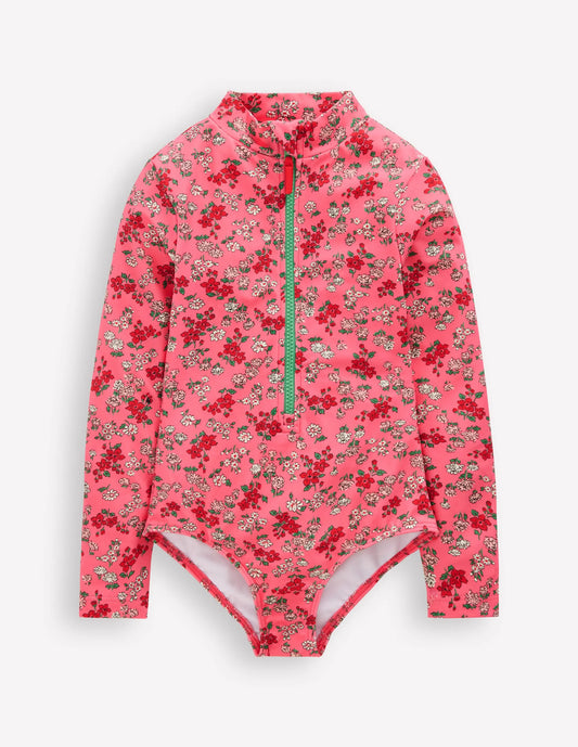 Long-sleeved Swimsuit-Salmon Pink Meadow Floral