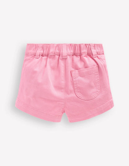Patch Pocket Shorts-Pink Embroidered Denim