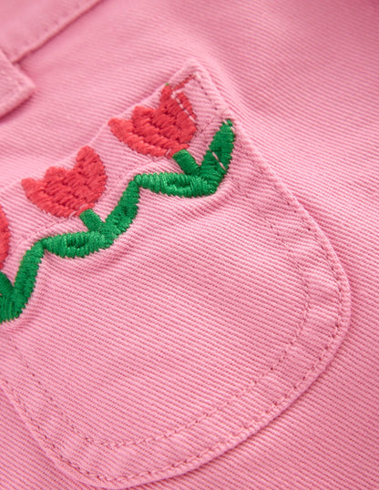 Patch Pocket Shorts-Pink Embroidered Denim