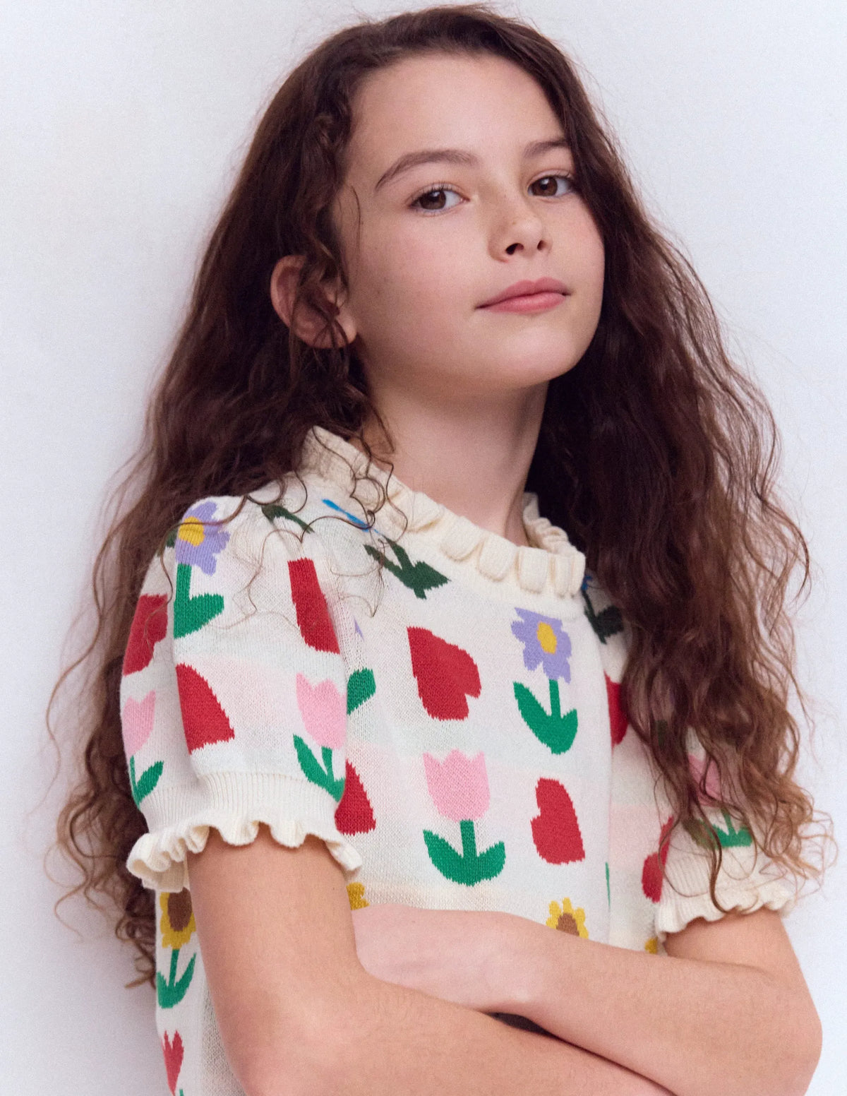 Frill Knitted Top-Ecru Marl Sunflower Garden