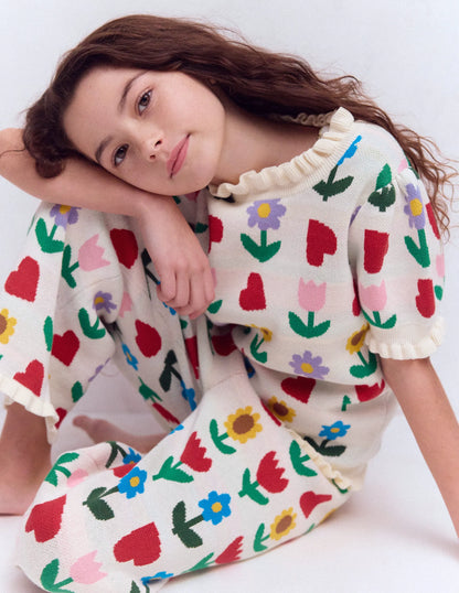 Frill Knitted Top-Ecru Marl Sunflower Garden