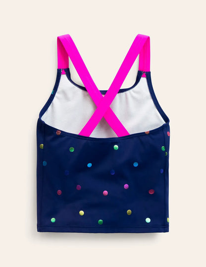 Cross-Back Tankini Top-Rainbow Foil Confetti Spot