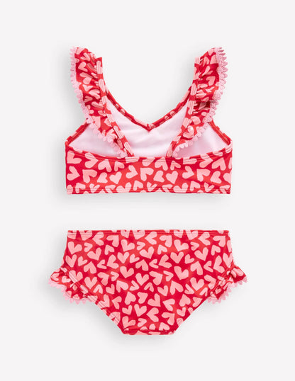 Frill V-neck Bikini Set-Rockabilly Red Collage Hearts