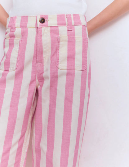 Patch Pocket Straight Jeans-Pink/Ivory Stripe