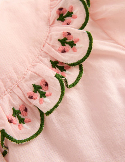 Frill Yoke Blouse-Lotus Embroidery