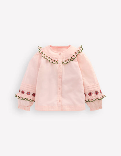Frill Yoke Blouse-Lotus Embroidery