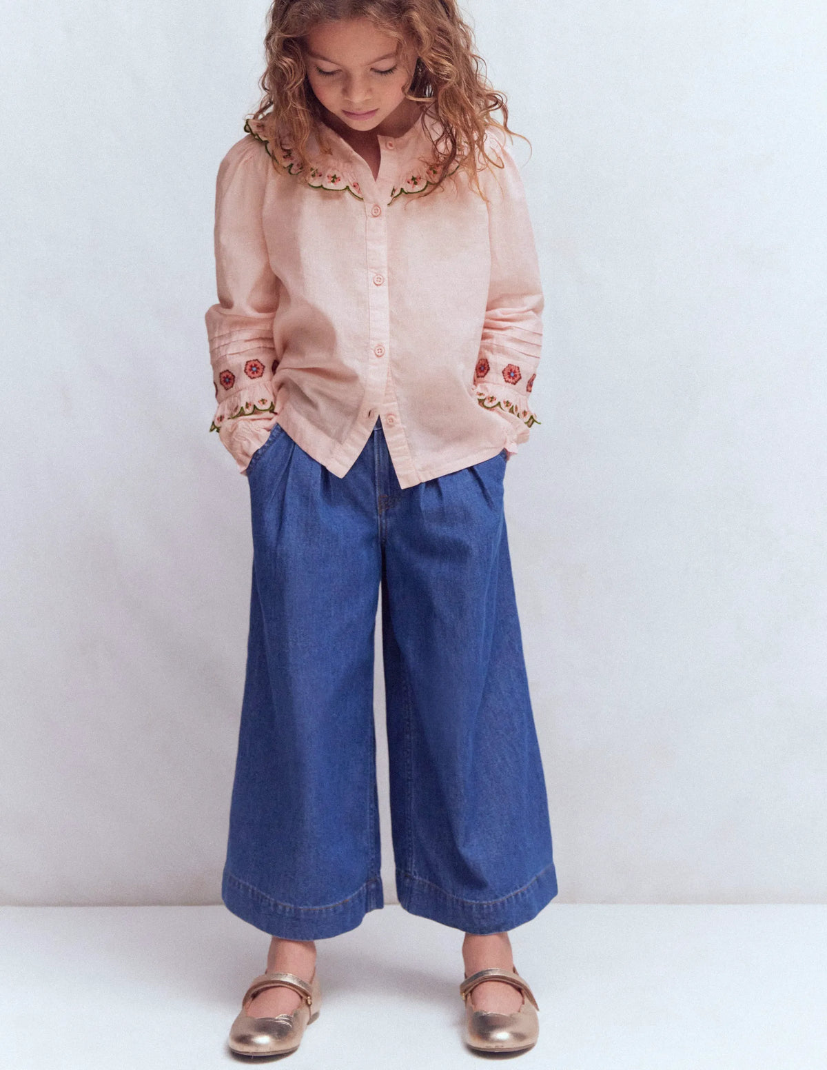 Frill Yoke Blouse-Lotus Embroidery
