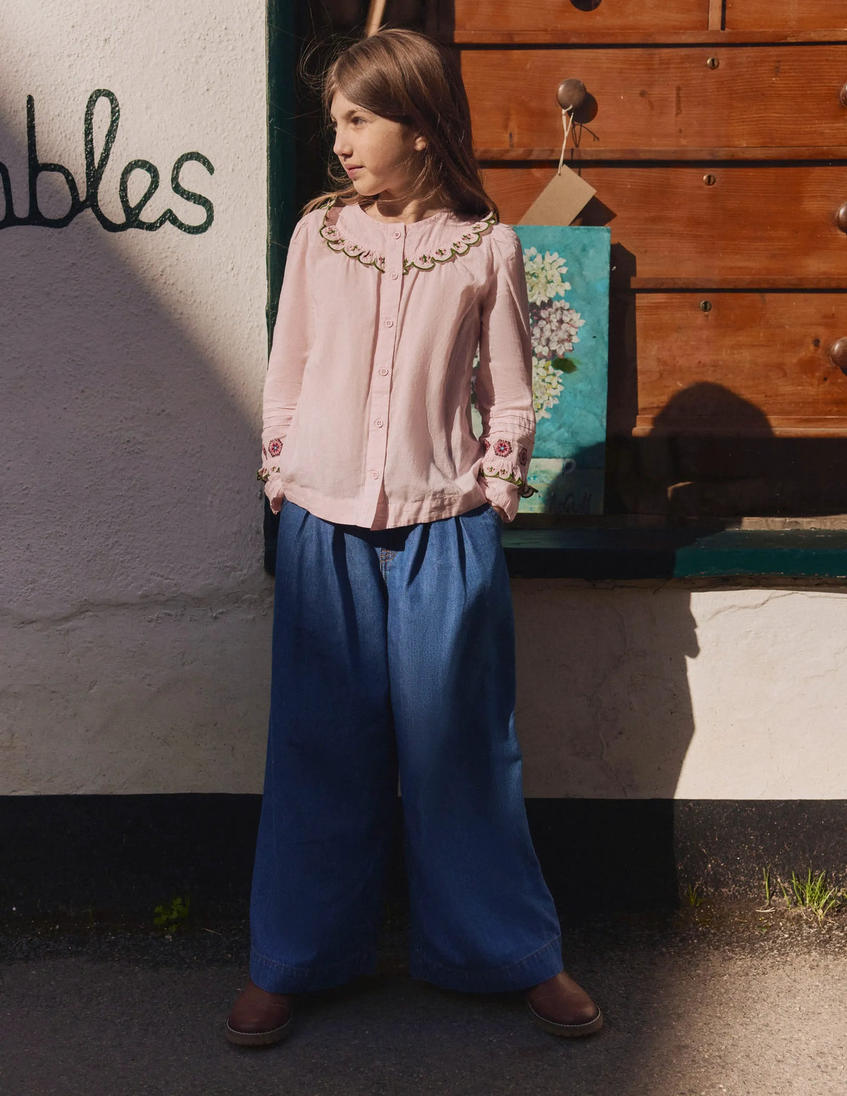 Frill Yoke Blouse-Lotus Embroidery