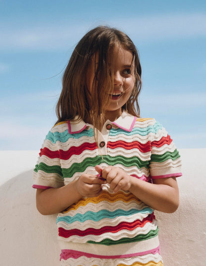 Pointelle Knitted Polo Top-Ecru Marl Multi Wave