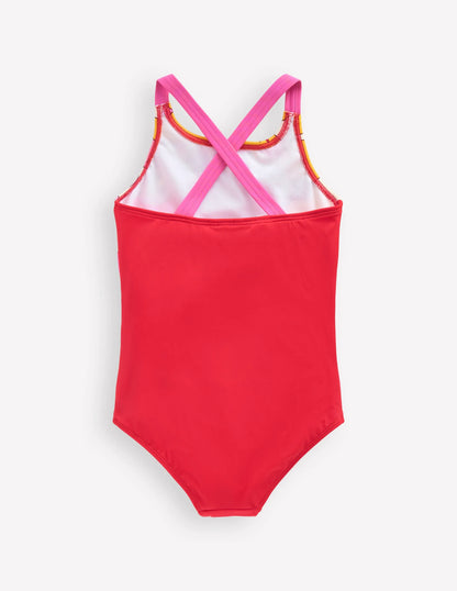Cross-Back Printed Swimsuit-Cinnamon Red Sixties Sunrise