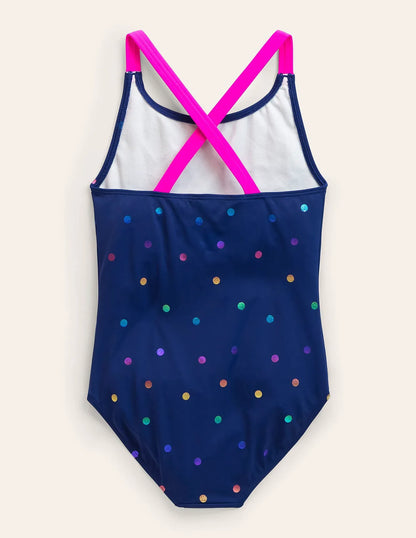 Cross-Back Printed Swimsuit-Rainbow Foil Confetti Spot