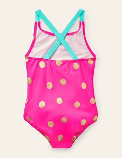 Cross-Back Printed Swimsuit-Fuchsia Pink Foil Spot