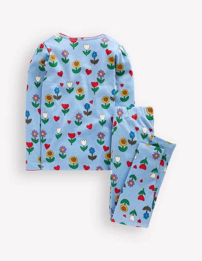 Snug Long John Pajamas-Glacier Blue Sunflower Garden