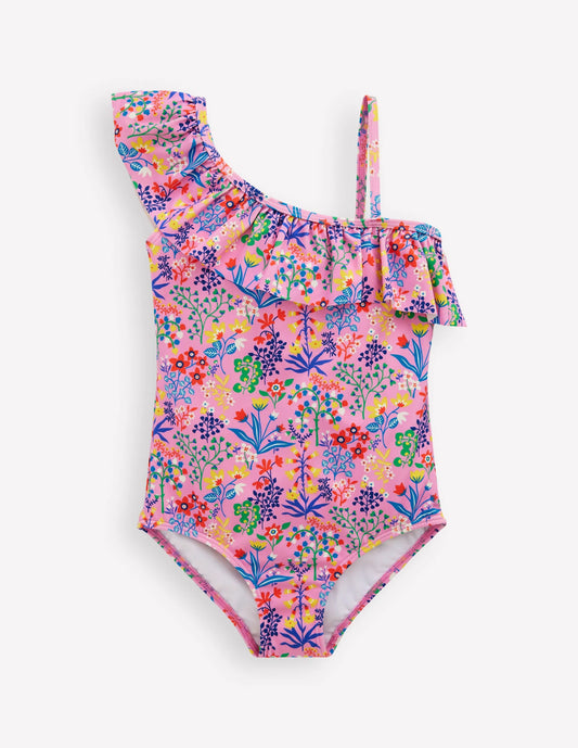 Lila One Shoulder Swimsuit-Meadowsweet Pink Garden Floral