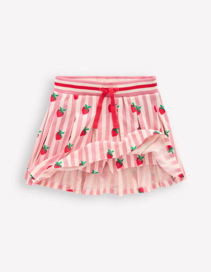 Pleated Jersey Skort-Pink Stripe Strawberries
