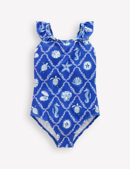 Hallie Frill Strap Swimsuit-Regency Blue Shell Tile