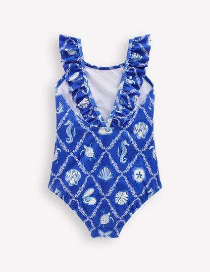 Hallie Frill Strap Swimsuit-Regency Blue Shell Tile