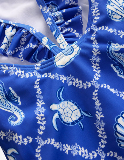 Hallie Frill Strap Swimsuit-Regency Blue Shell Tile