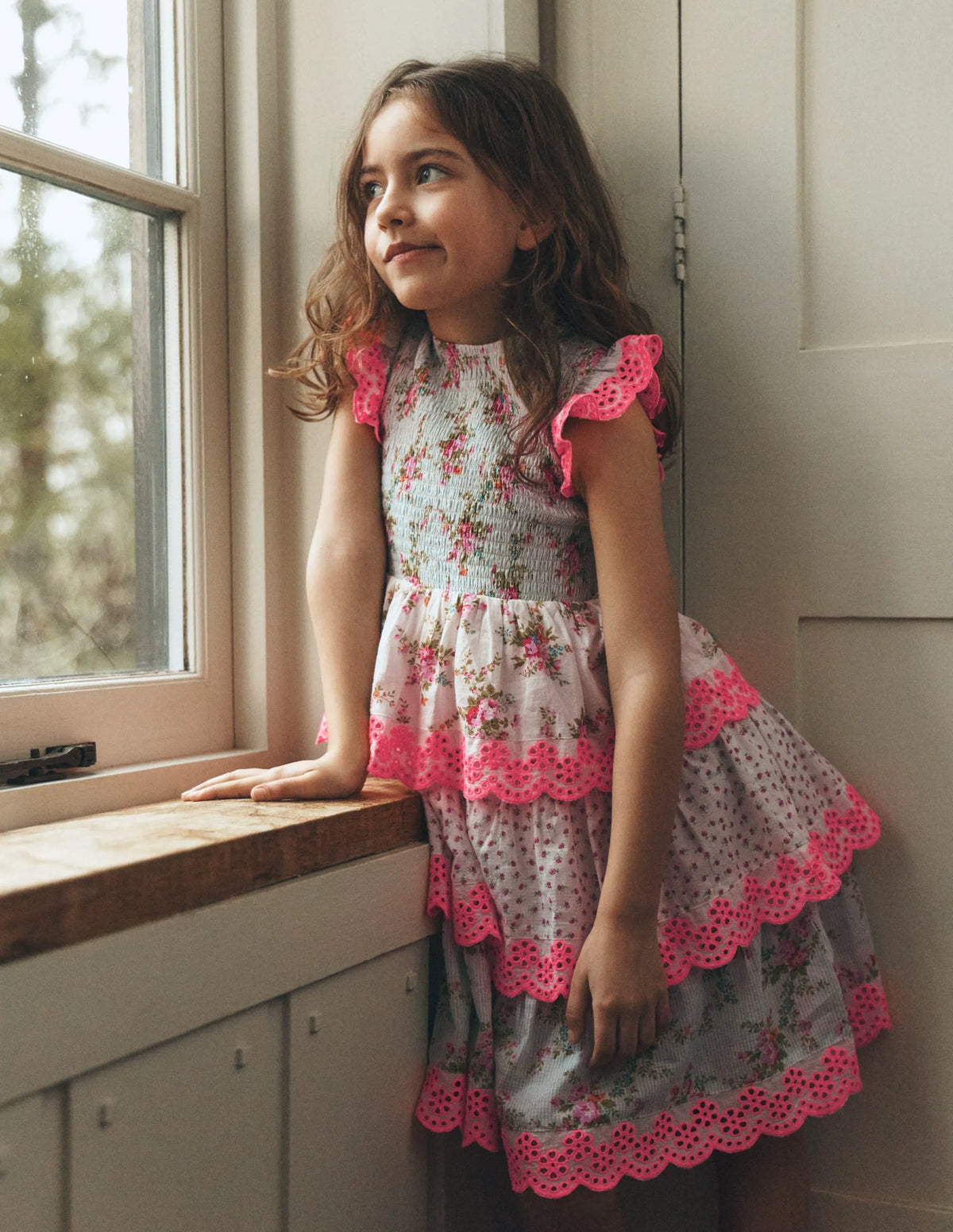 Tiered Lace Trim Dress-Festival Pink Ditsy Rose