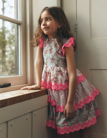 Tiered Lace Trim Dress-Festival Pink Ditsy Rose