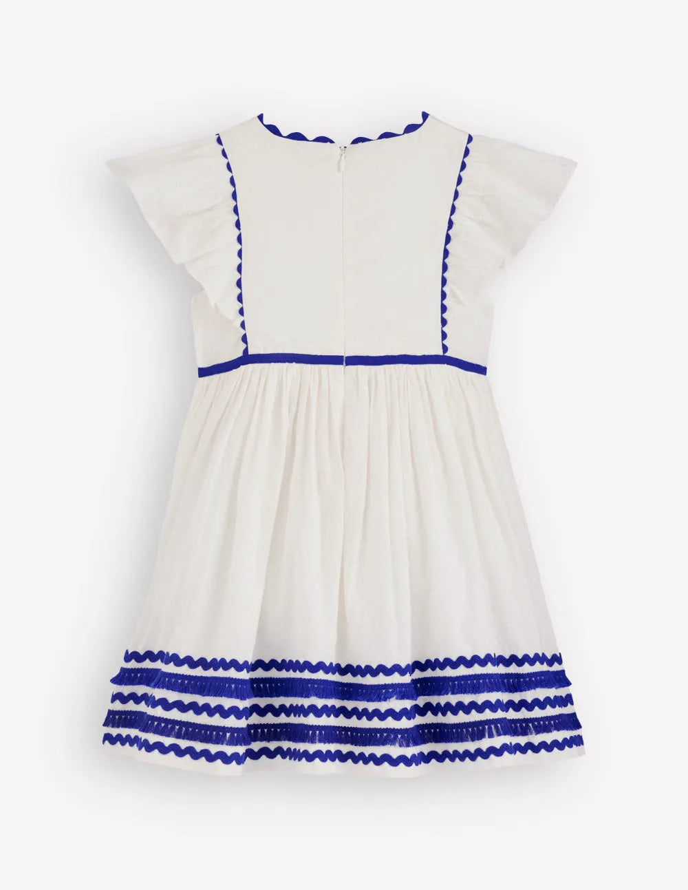 Flutter Sleeve Ric Rac Dress-Soft Ivory/ Bright Blue