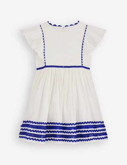 Flutter Sleeve Ric Rac Dress-Soft Ivory/ Bright Blue
