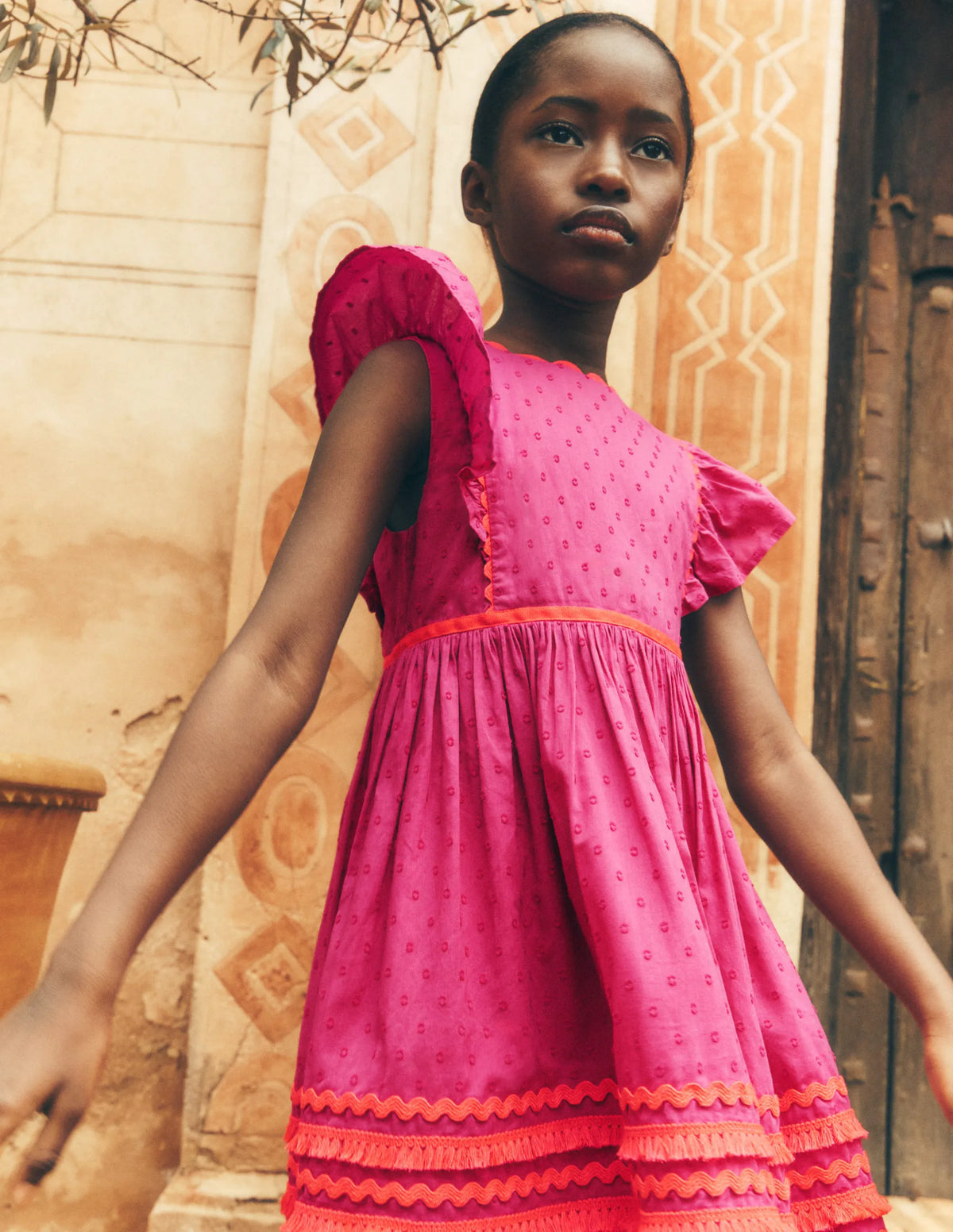 Flutter Sleeve Ric Rac Dress-Bright Pink