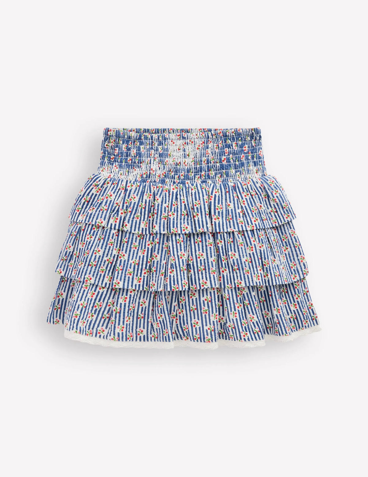 Smocked Waist Ruffle Skirt-Bluejay Cherry Stripe