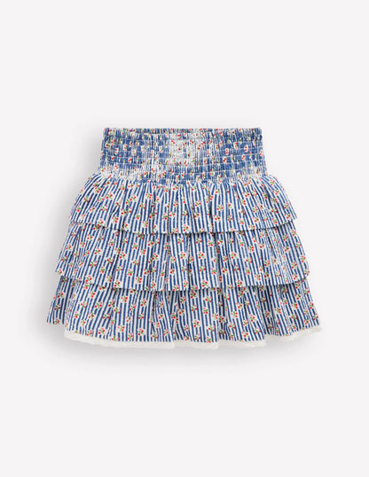 Smocked Waist Ruffle Skirt-Bluejay Cherry Stripe