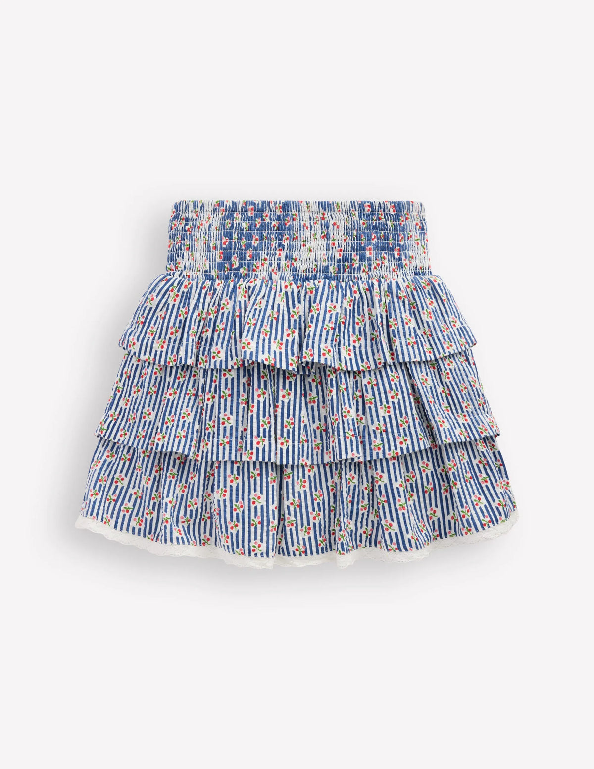 Smocked Waist Ruffle Skirt-Bluejay Cherry Stripe