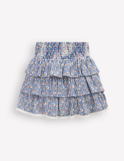 Smocked Waist Ruffle Skirt-Bluejay Cherry Stripe