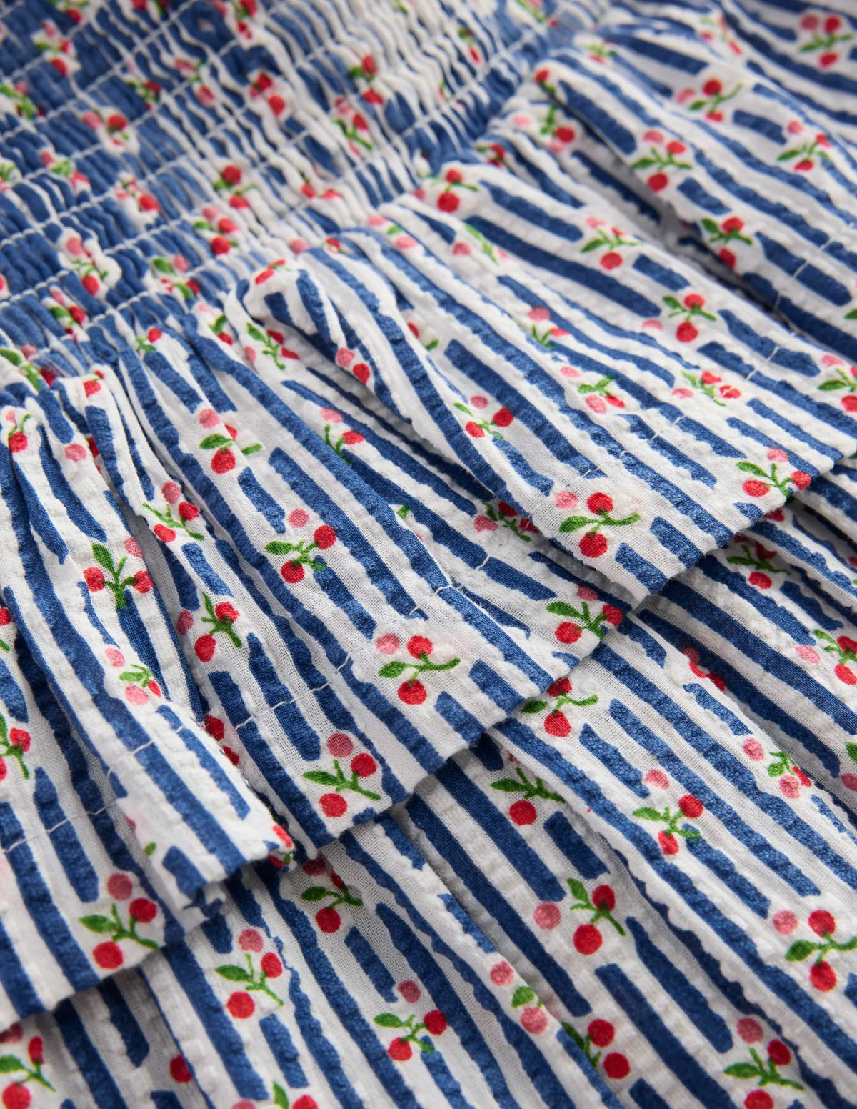 Smocked Waist Ruffle Skirt-Bluejay Cherry Stripe