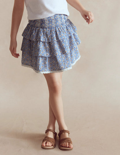 Smocked Waist Ruffle Skirt-Bluejay Cherry Stripe