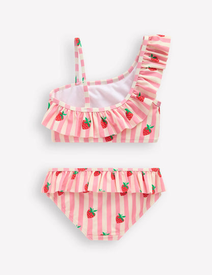 One Shoulder Frill Bikini Set-Pink strawberry stripe