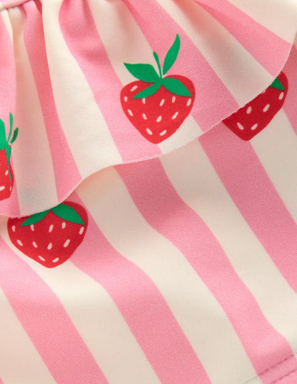 One Shoulder Frill Bikini Set-Pink strawberry stripe