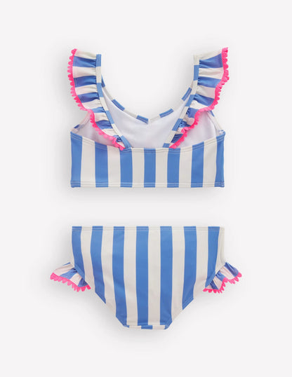 Frill V-neck Bikini Set-Denim Blue Stripe