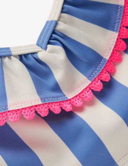 Frill V-neck Bikini Set-Denim Blue Stripe