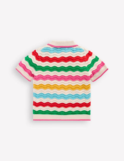 Pointelle Knitted Polo Top-Ecru Marl Multi Wave