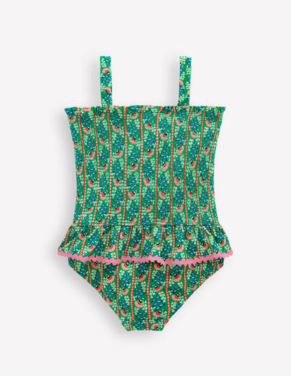 Peplum Smocked Swimsuit-Green Vine Floral