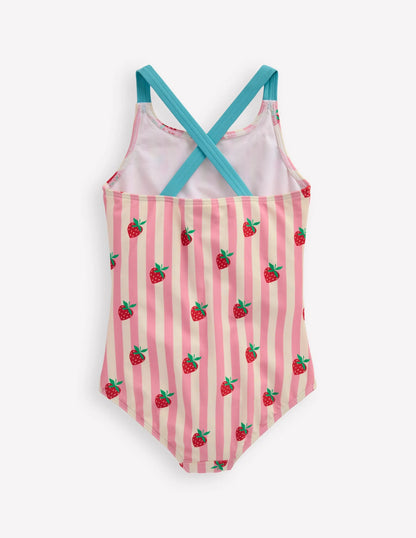 Cross-Back Printed Swimsuit-Pink Strawberry Stripe