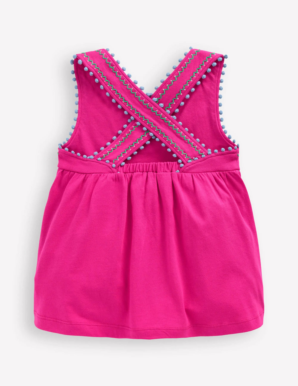 Cross-Back Pom Trim Top-Pink Peony
