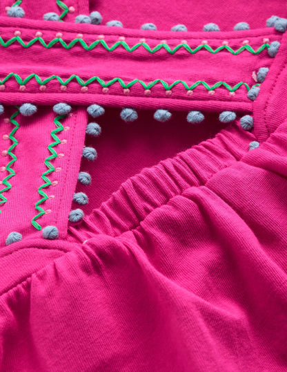 Cross-Back Pom Trim Top-Pink Peony